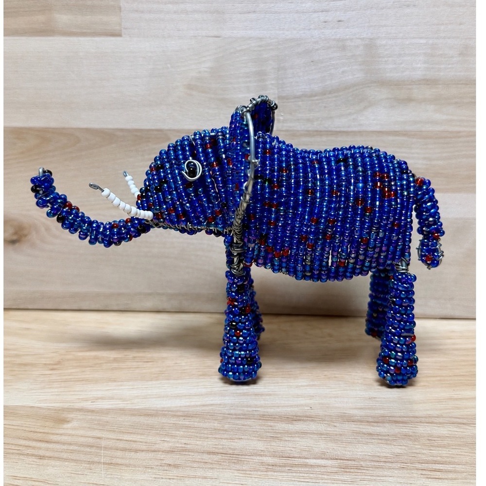 Handmade Beaded Wire Elephant Figurine Blue Folk Art‎ Animal Sculpture 4x6